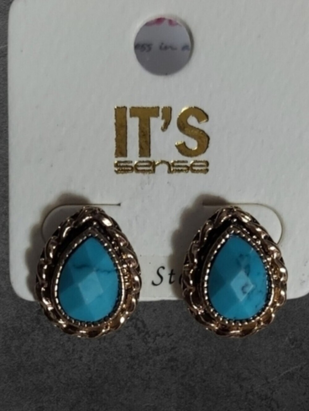 NWT Sensa For Nadine West Gold and Faux Turquoise Teardrop Post Earrings ~5/8" - Picture 3 of 3